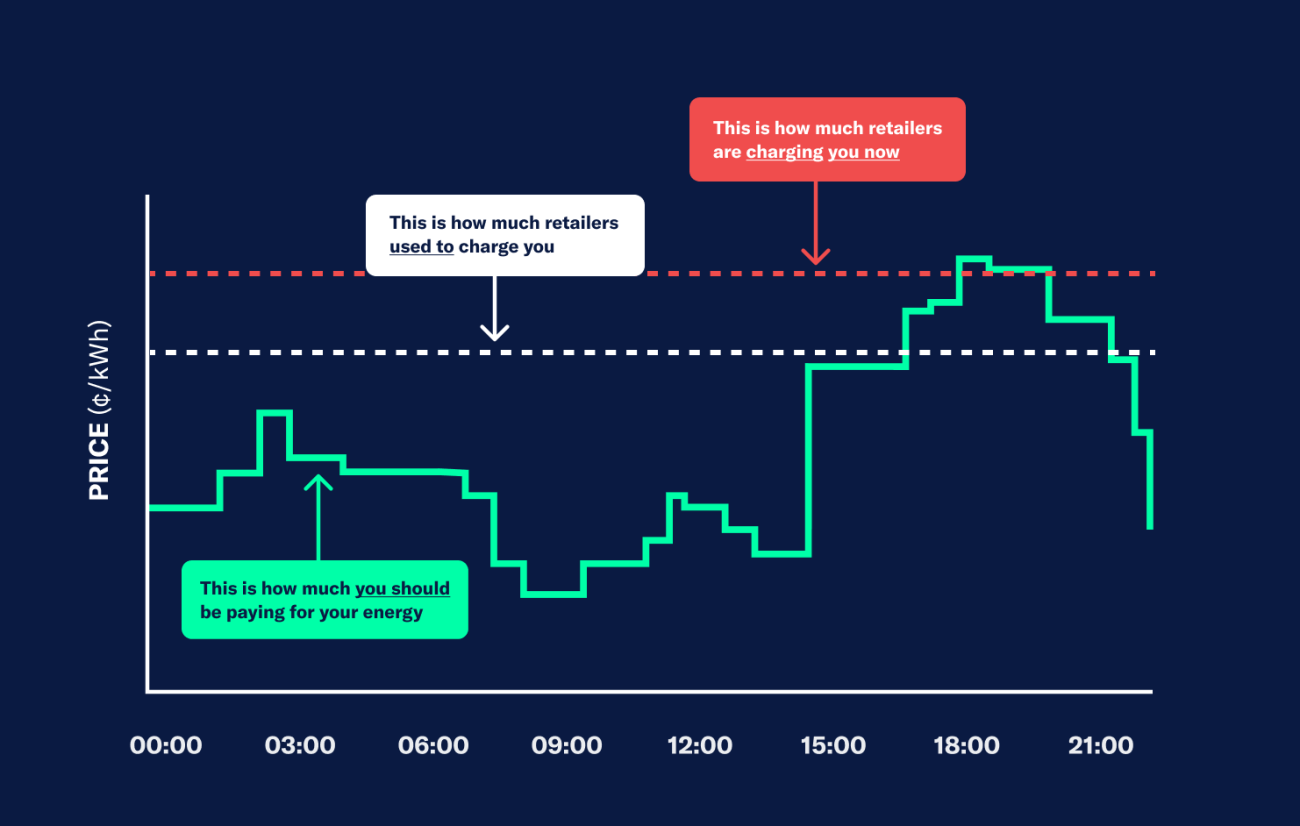 Chart comparing what retailers charge with wholesale energy prices across a day